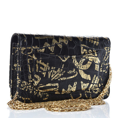 Chanel Calfskin Crocodile Embossed Graffiti 2.55 Cocodile Reissue Wallet On Chain WOC Black Gold 3 of 13