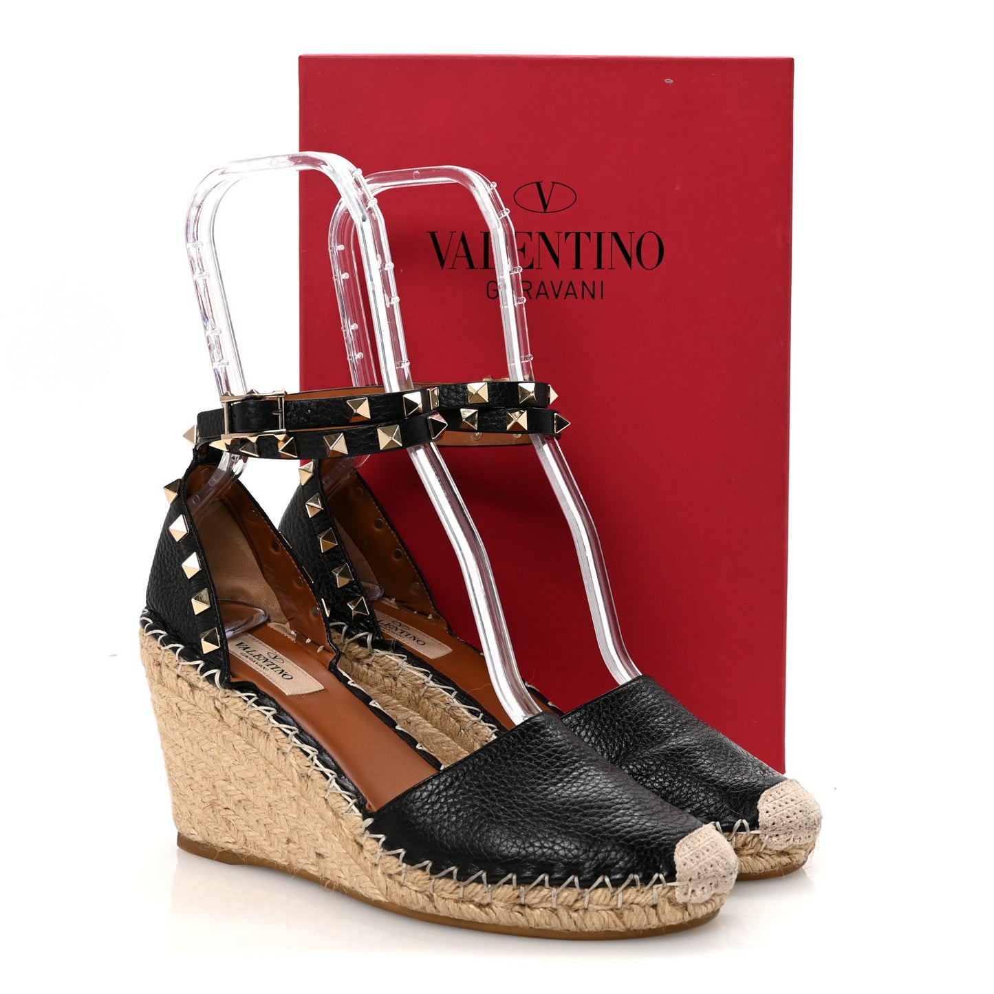 Grained Calfskin Rockstud Ankle Wrap Espadrille 15/85mm Wedges 37 Black Light Cuir