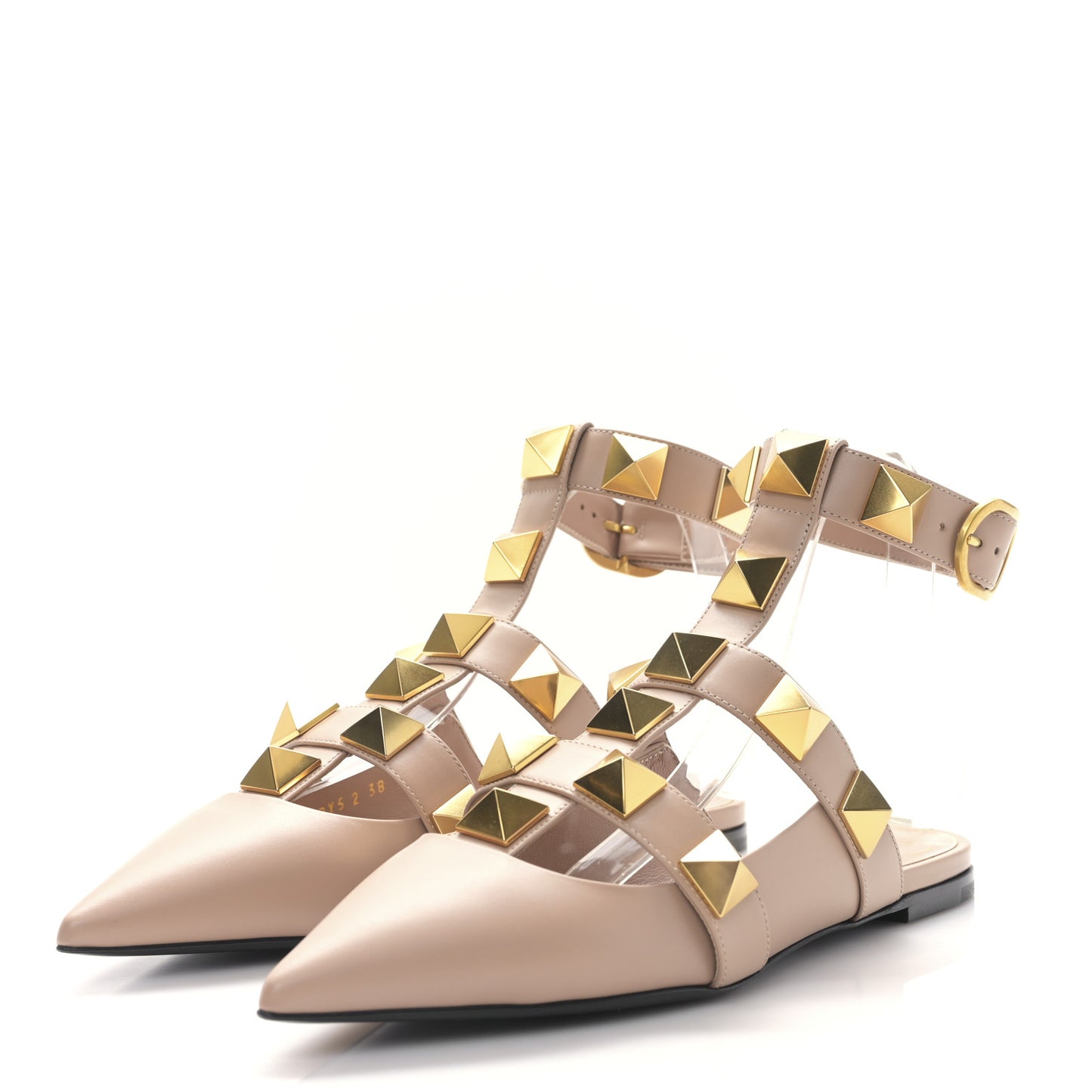 Calfskin Roman Stud Ankle Strap Flat Mules 38 Rose Cannelle