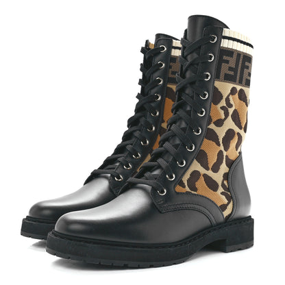 Fendi Calfskin Stretch Fabric FF Leopard Rockoko Biker Boots 39 Black 3 of 7