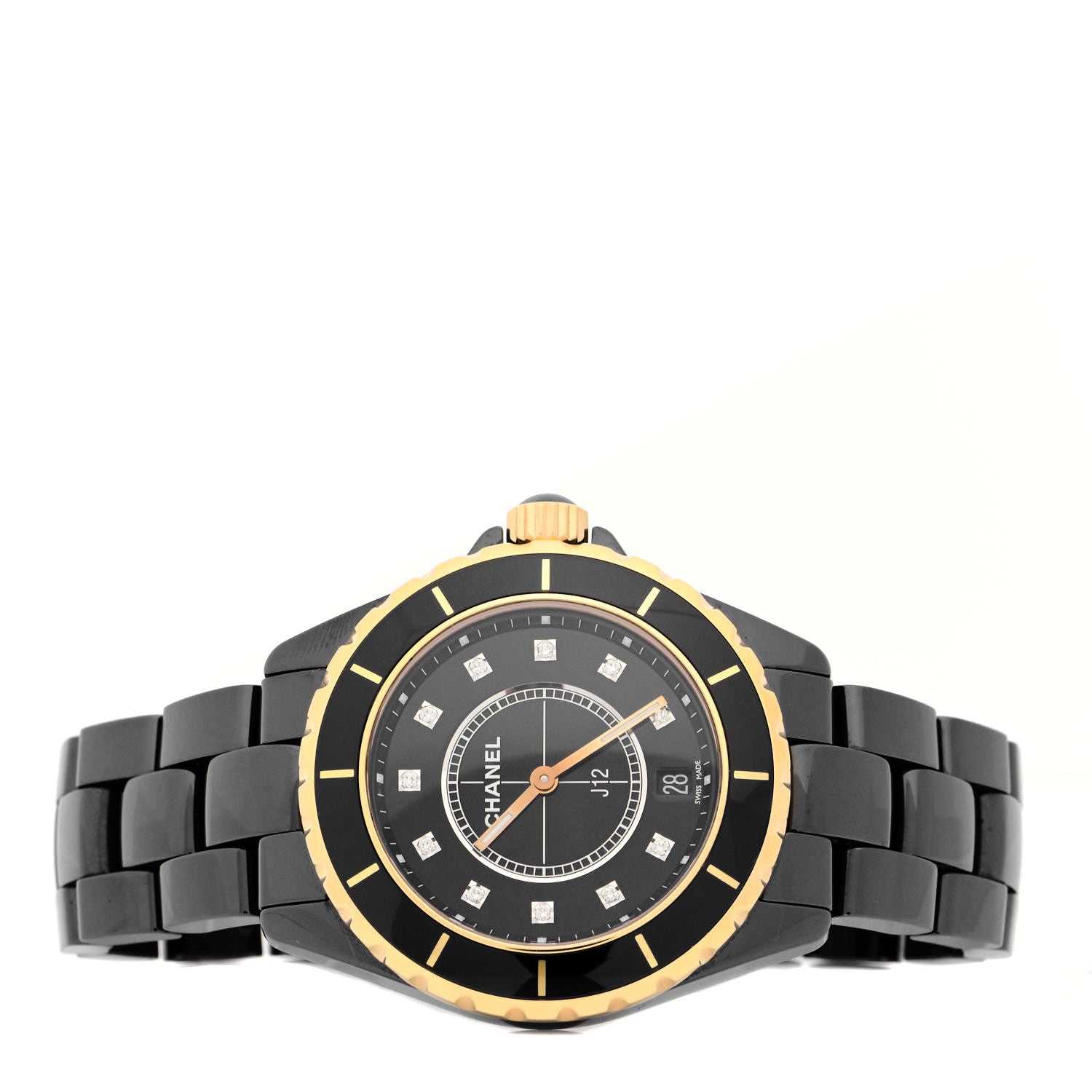 Chanel Stainless Steel 18K Yellow Gold Ceramic Diamond 38mm J12 Quartz Watch Black 2 of 5