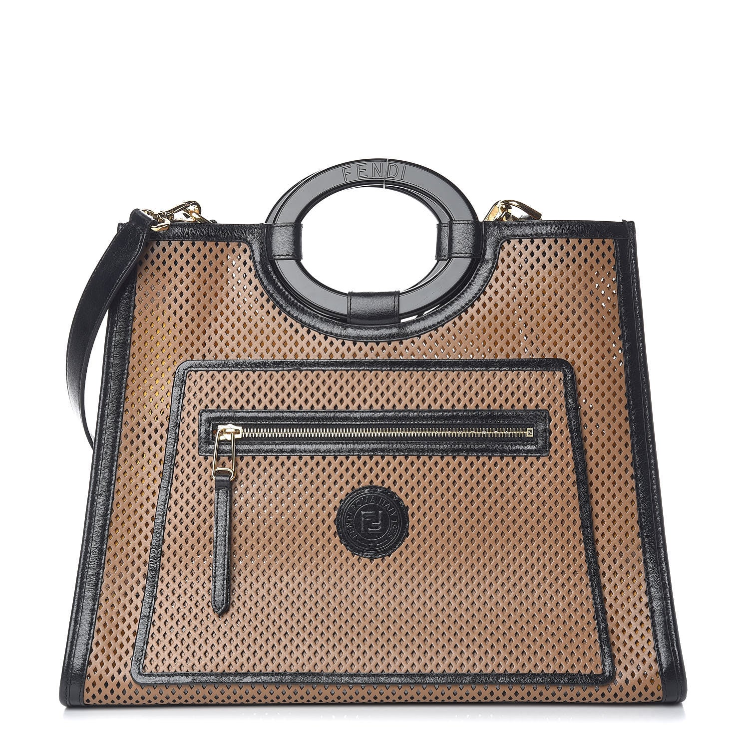 Fendi Vitello Liberty Glossy Lambskin Perforated Medium Runaway Shopper Tote Sand Mimosa Black 1 of 11