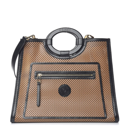 Fendi Vitello Liberty Glossy Lambskin Perforated Medium Runaway Shopper Tote Sand Mimosa Black 1 of 11