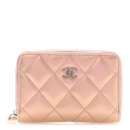 Chanel Iridescent Calfskin Quilted Zip Coin Purse Wallet Pink 1 of 9