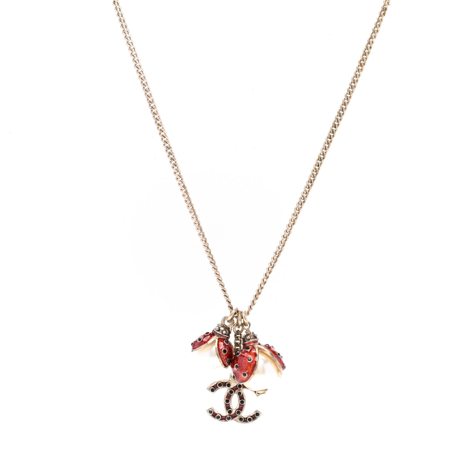 Enamel Pearl CC Ladybug Necklace Gold Red