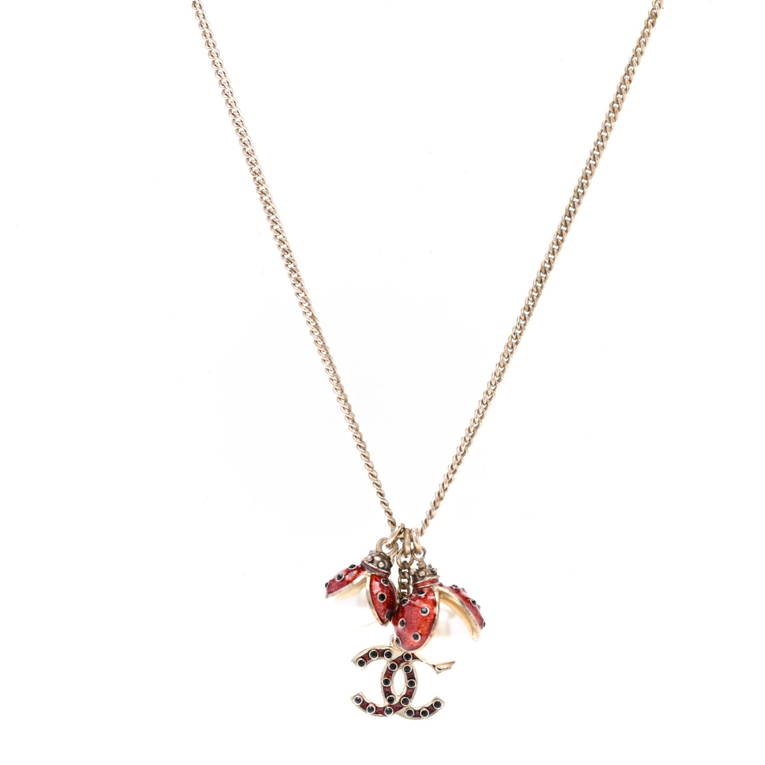 Chanel Enamel Pearl CC Ladybug Necklace Gold Red 1 of 6