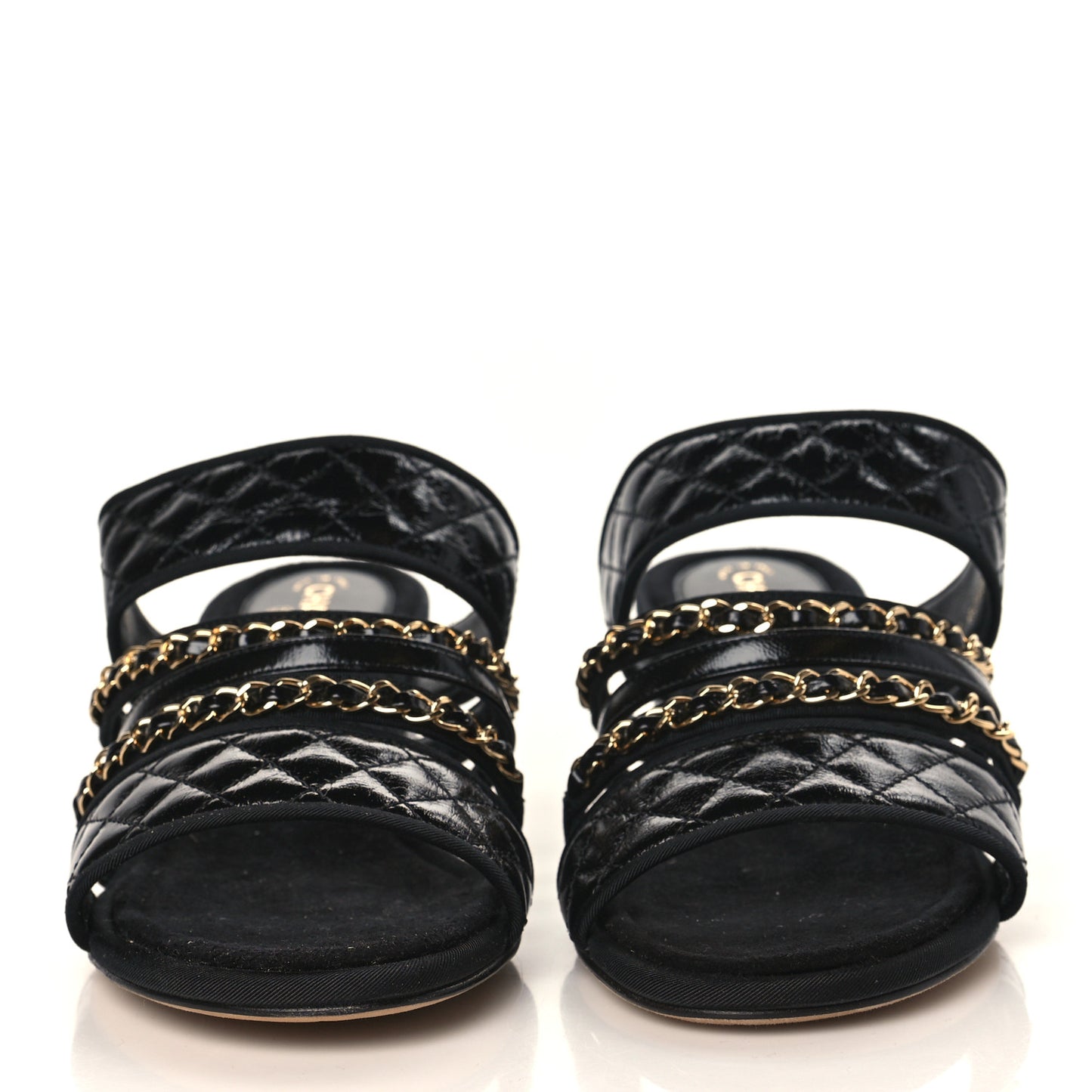 Distressed Patent Quilted Chain Mule Sandals 40.5 Black