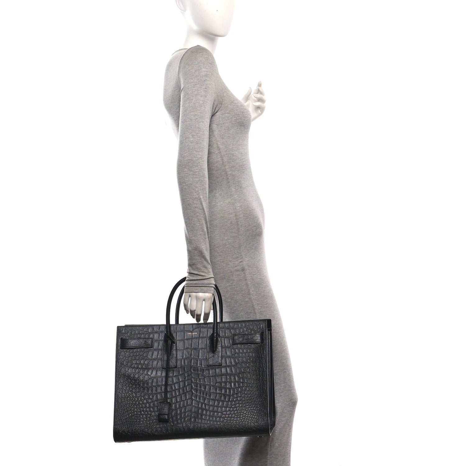 Saint Laurent Calfskin Crocodile Embossed Large Sac De Jour Carryall Black 2 of 10