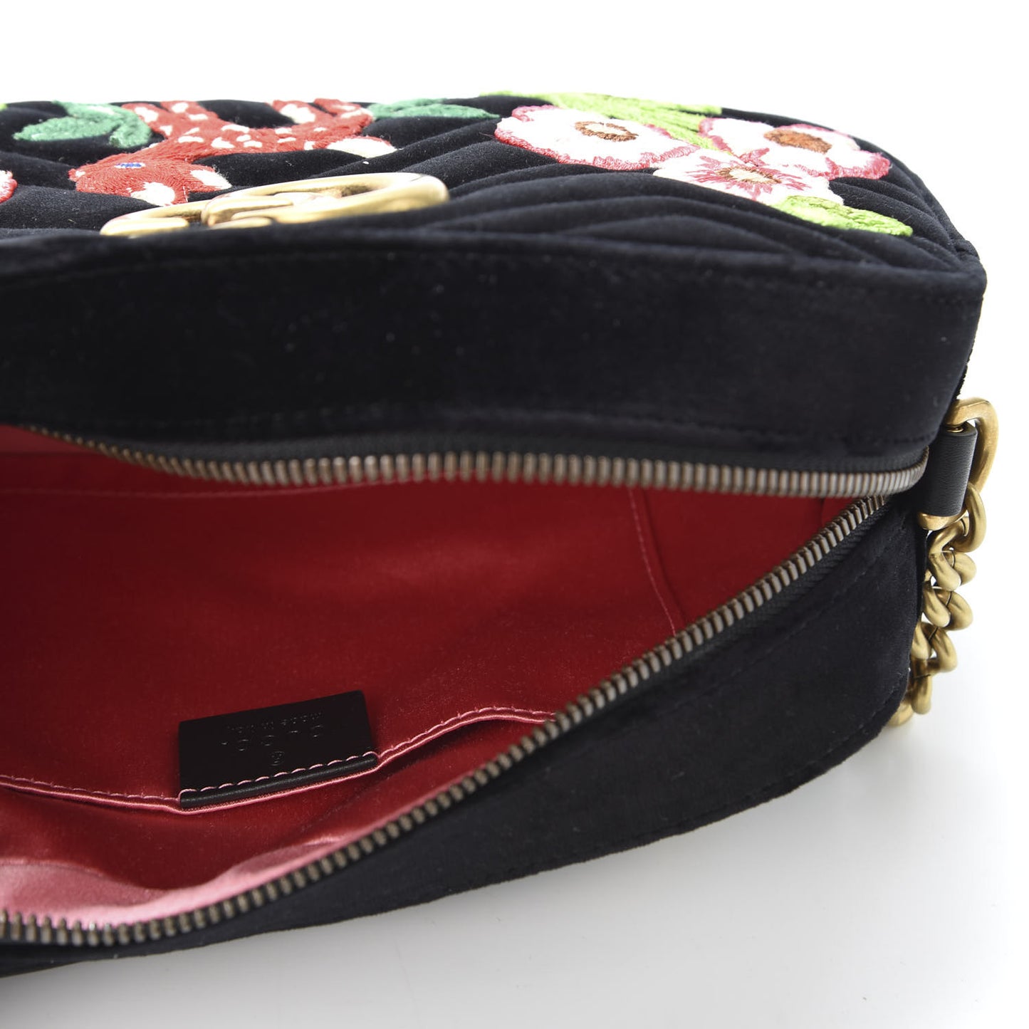 Velvet Matelasse Deer Embroidered Small GG Marmont Chain Shoulder Bag Black