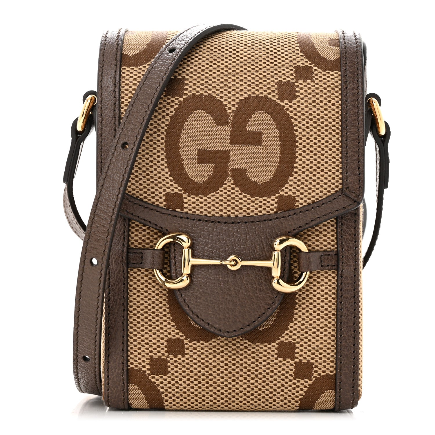 Gucci Monogram Jumbo GG Textured Dollar Calfskin Mini Horsebit 1955 Crossbody Bag Camel Ebony New Acero 1 of 11