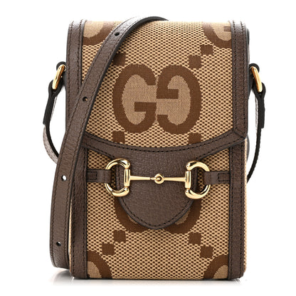 Gucci Monogram Jumbo GG Textured Dollar Calfskin Mini Horsebit 1955 Crossbody Bag Camel Ebony New Acero 1 of 11
