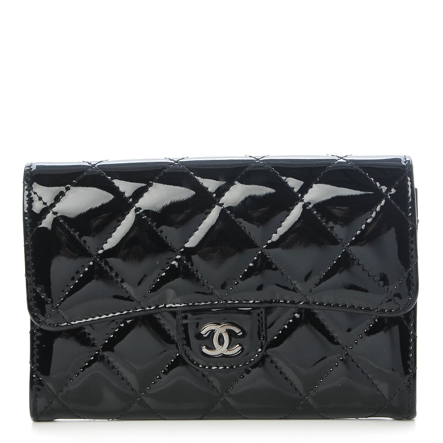 Patent Calfskin Quilted Small Flap Wallet Black