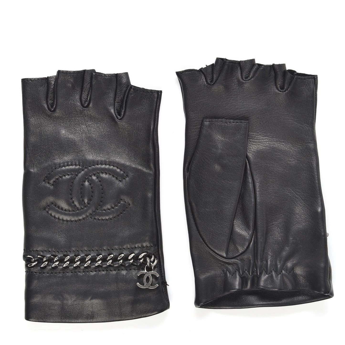 Lambskin Chain CC Fingerless Gloves 7.5 Black White Pink