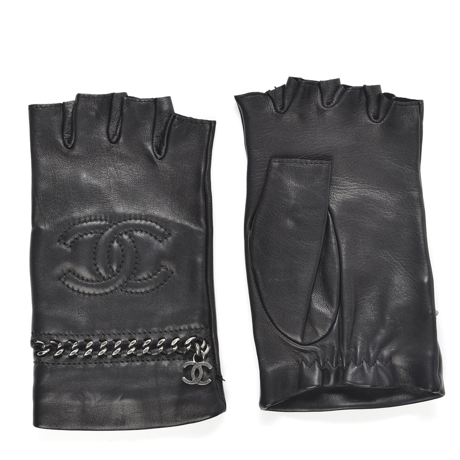 Chanel Lambskin Chain CC Fingerless Gloves 7.5 Black White Pink 1 of 6