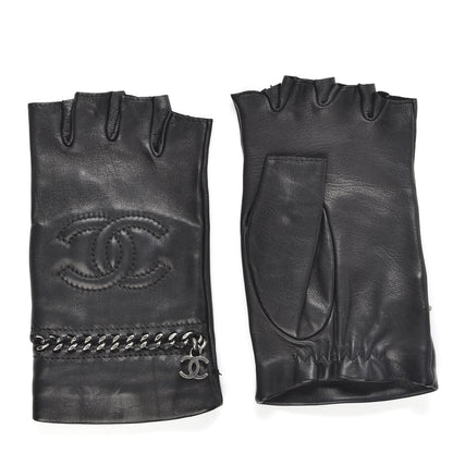 Chanel Lambskin Chain CC Fingerless Gloves 7.5 Black White Pink 1 of 6