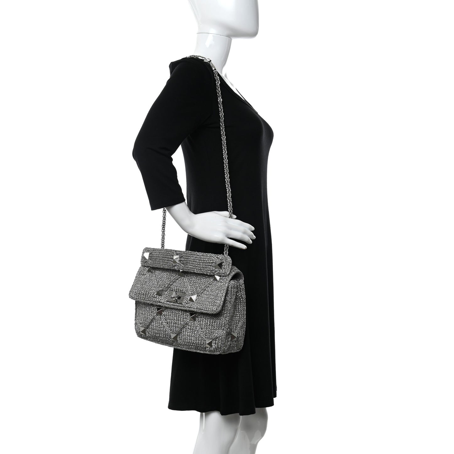 Metallic Lurex Knit Large Roman Stud Shoulder Bag Silver
