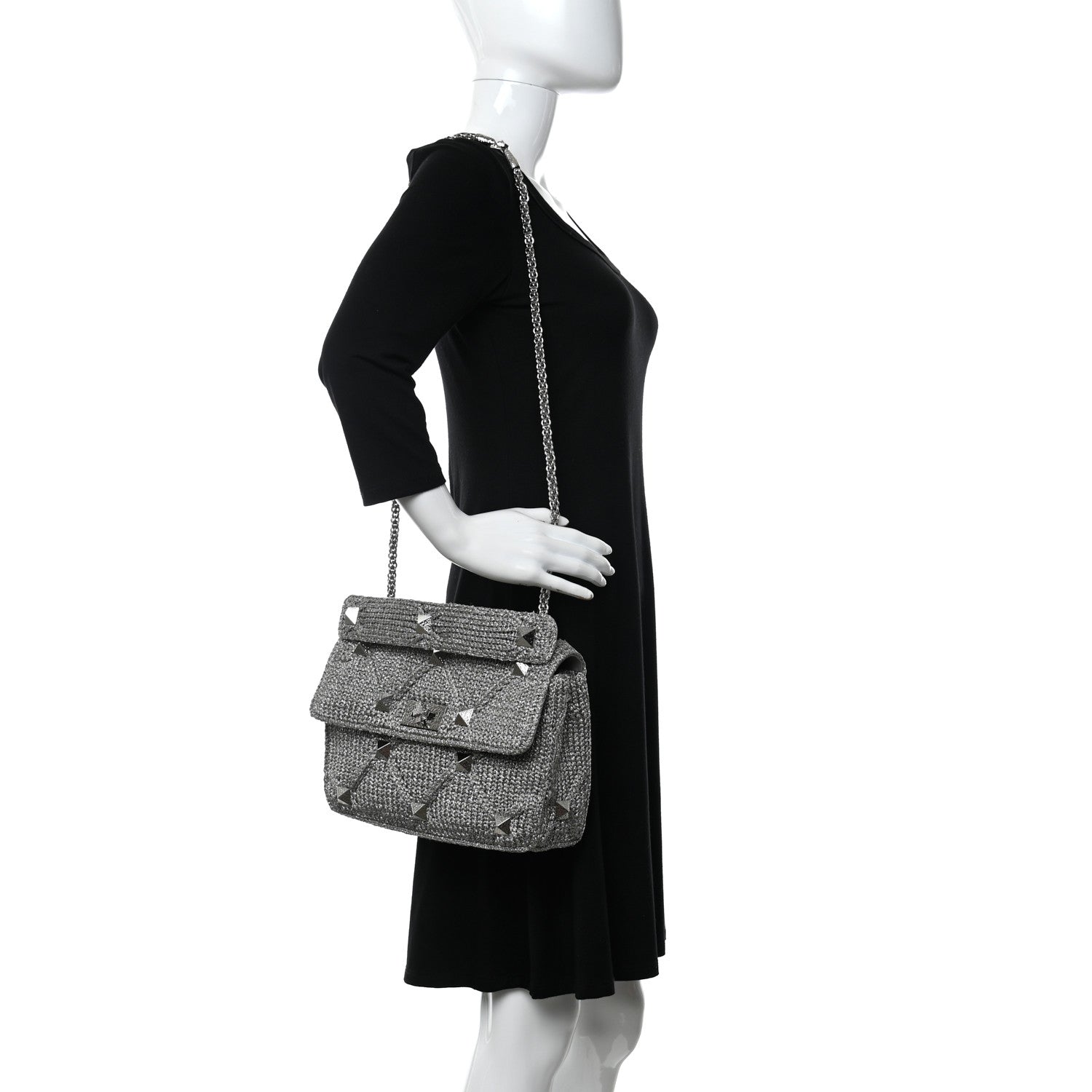 Valentino Garavani Metallic Lurex Knit Large Roman Stud Shoulder Bag Silver 2 of 12