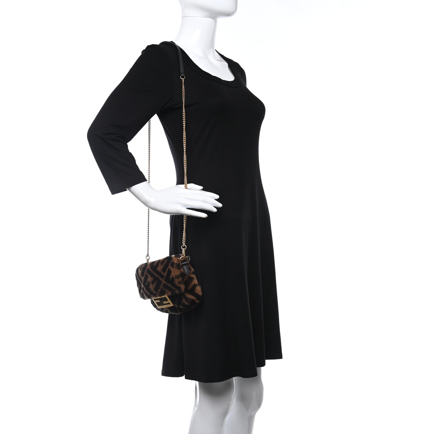 Shearling Vitello Dolce Macro FF 1974 Mini Baguette Tobacco Black