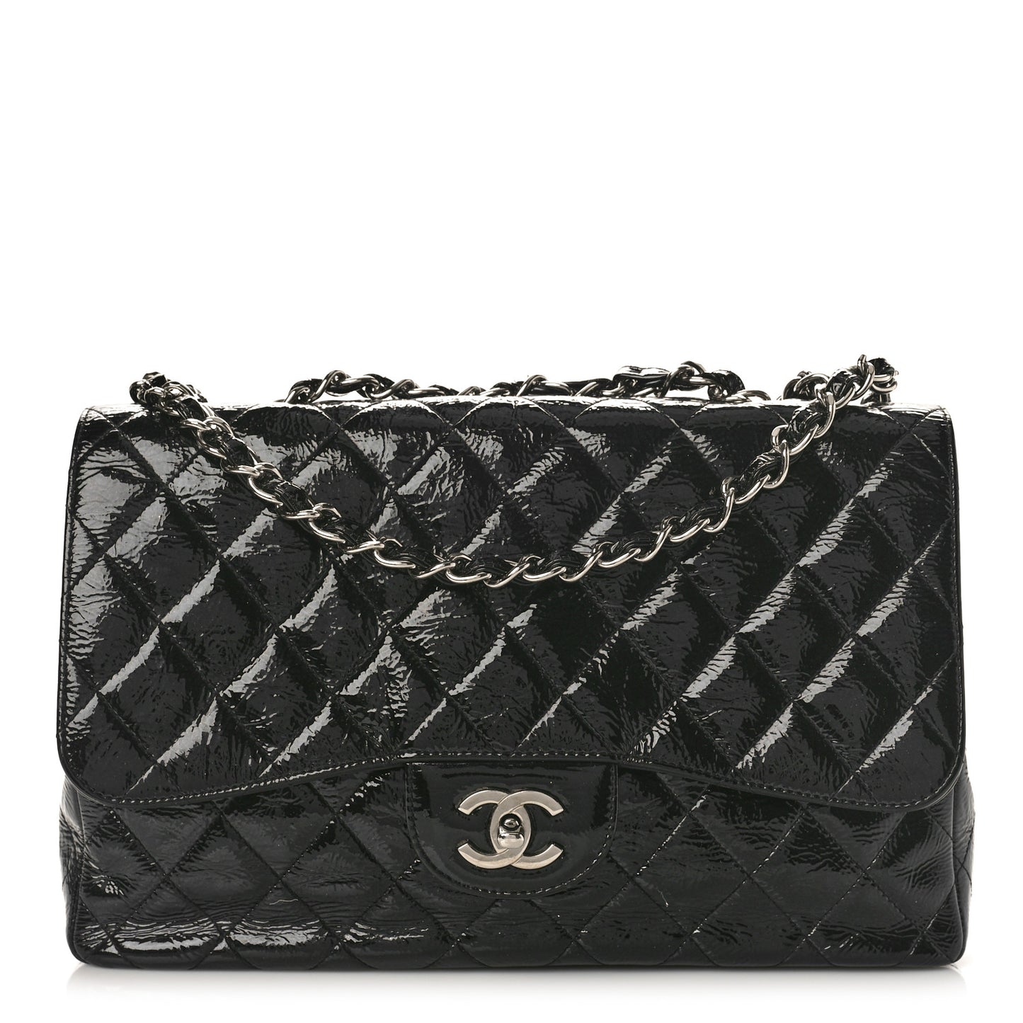 Distressed Patent Quilted Jumbo Single Flap Black