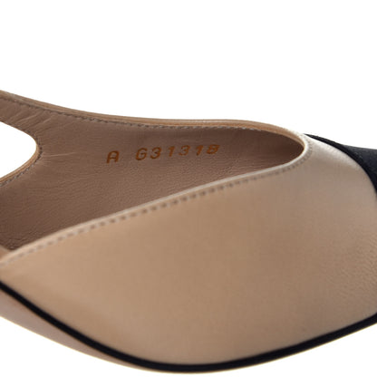 Chanel Goatskin Grosgrain Cap Toe CC Slingback Pumps 35 Beige Black 8 of 9