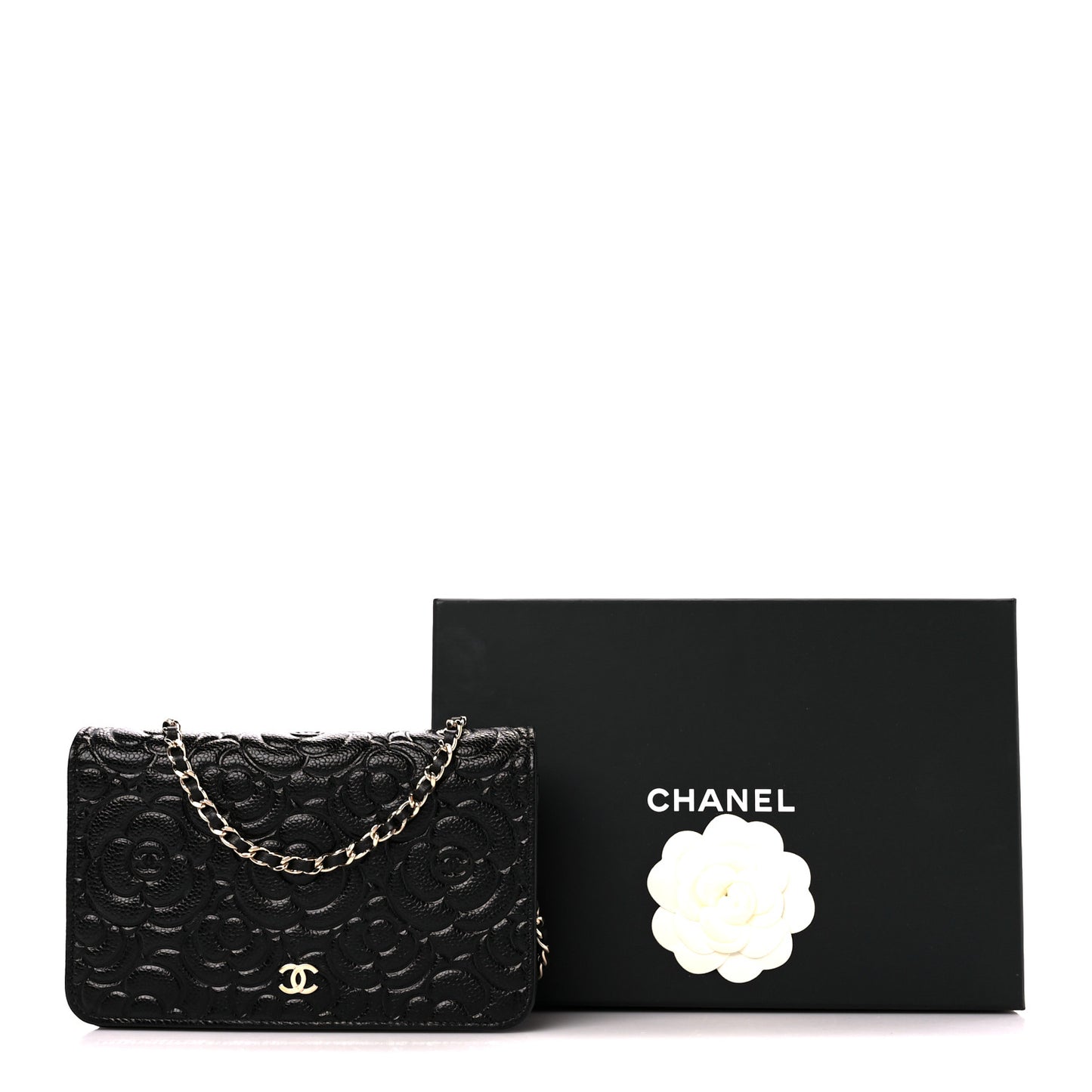 Caviar Camellia Embossed Wallet On Chain WOC Black