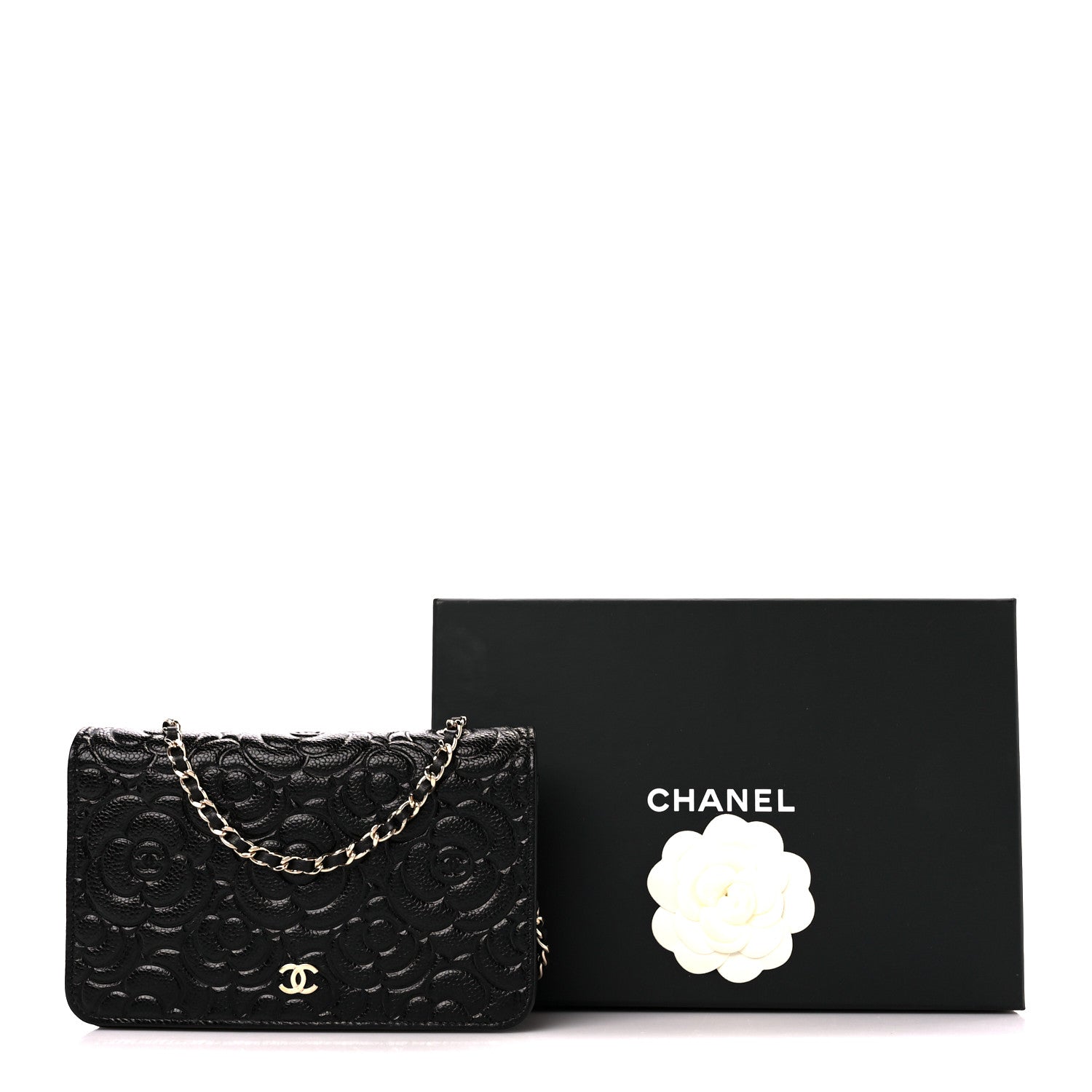 Chanel Caviar Camellia Embossed Wallet On Chain WOC Black 3 of 12