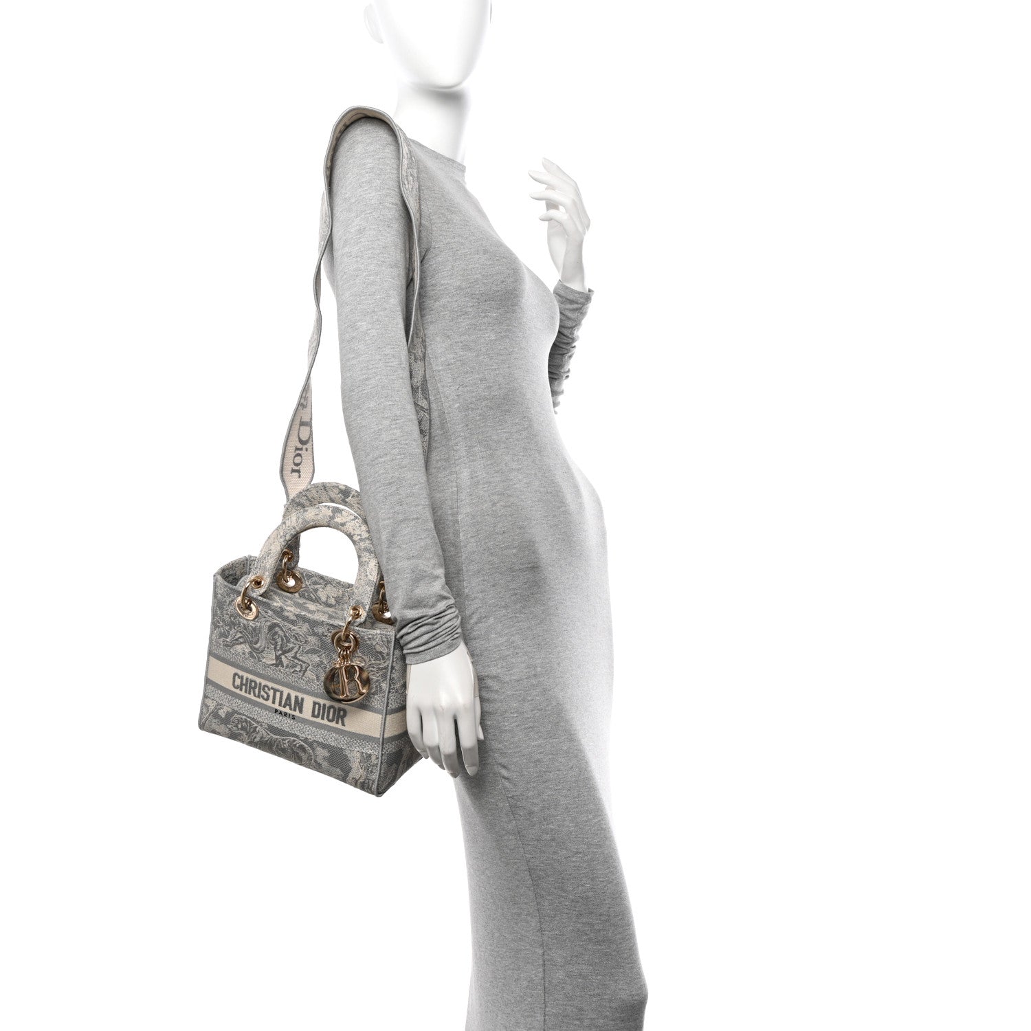 Christian Dior Canvas Toile De Jouy Reverse Embroidered Medium Lady D-Lite Gray 2 of 11