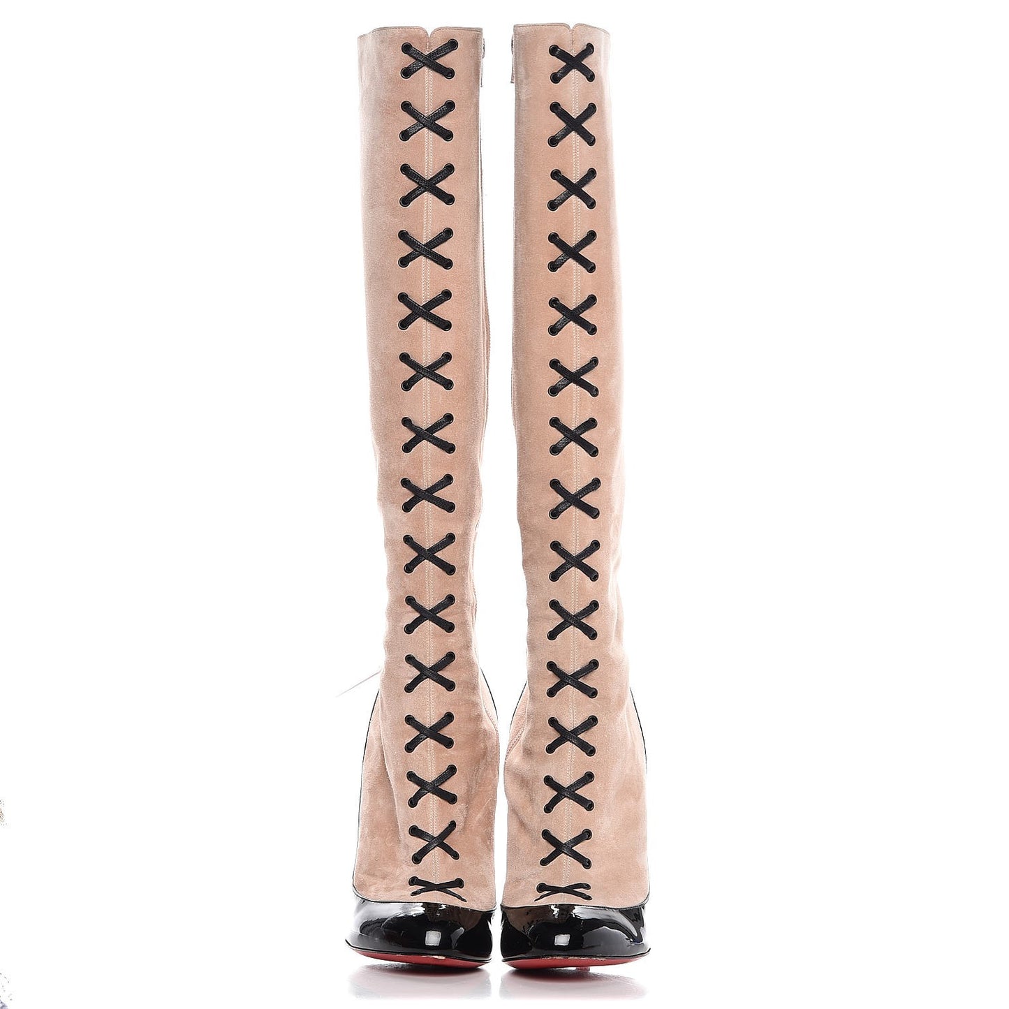 Suede Patent Lace Up Knee High Boots 39 Beige Black