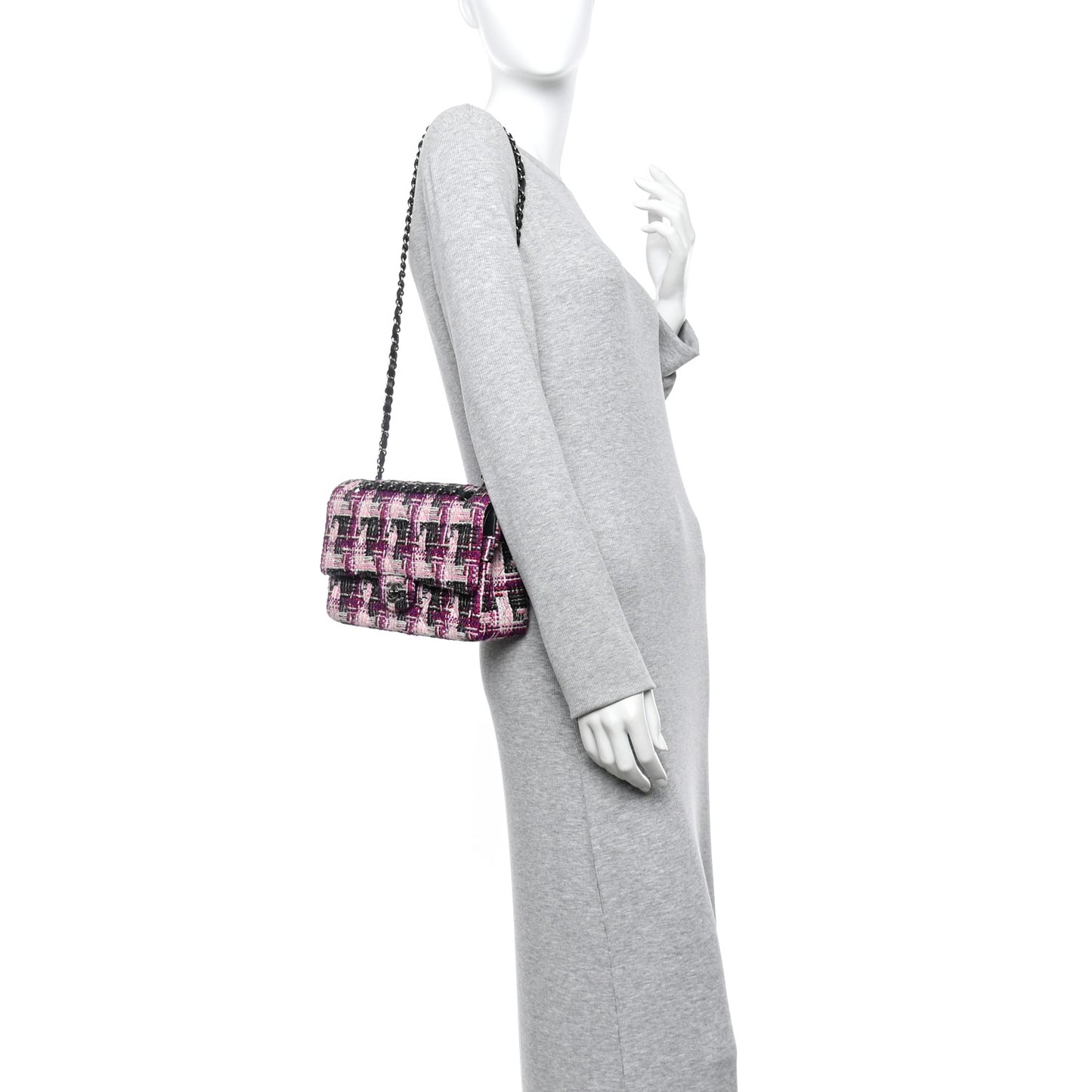 Tweed Quilted Medium Double Flap Pink Black