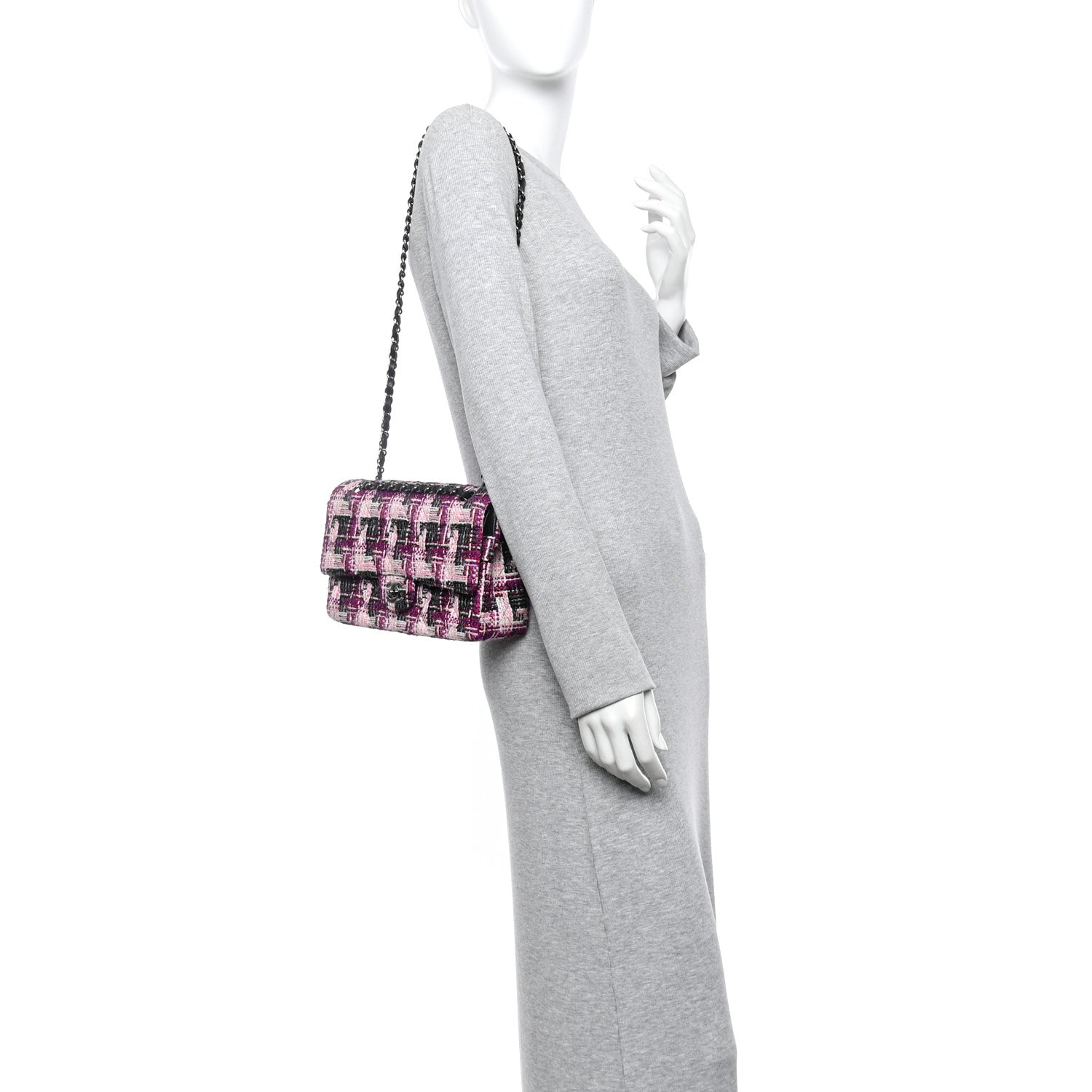 Chanel Tweed Quilted Medium Double Flap Pink Black 2 of 10