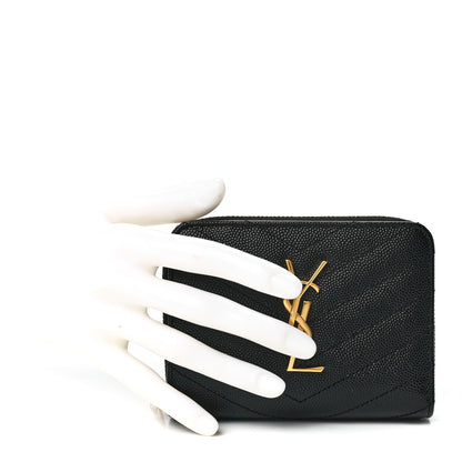 Saint Laurent Grain De Poudre Matelasse Chevron Monogram Compact Zip Around Wallet Black 2 of 12