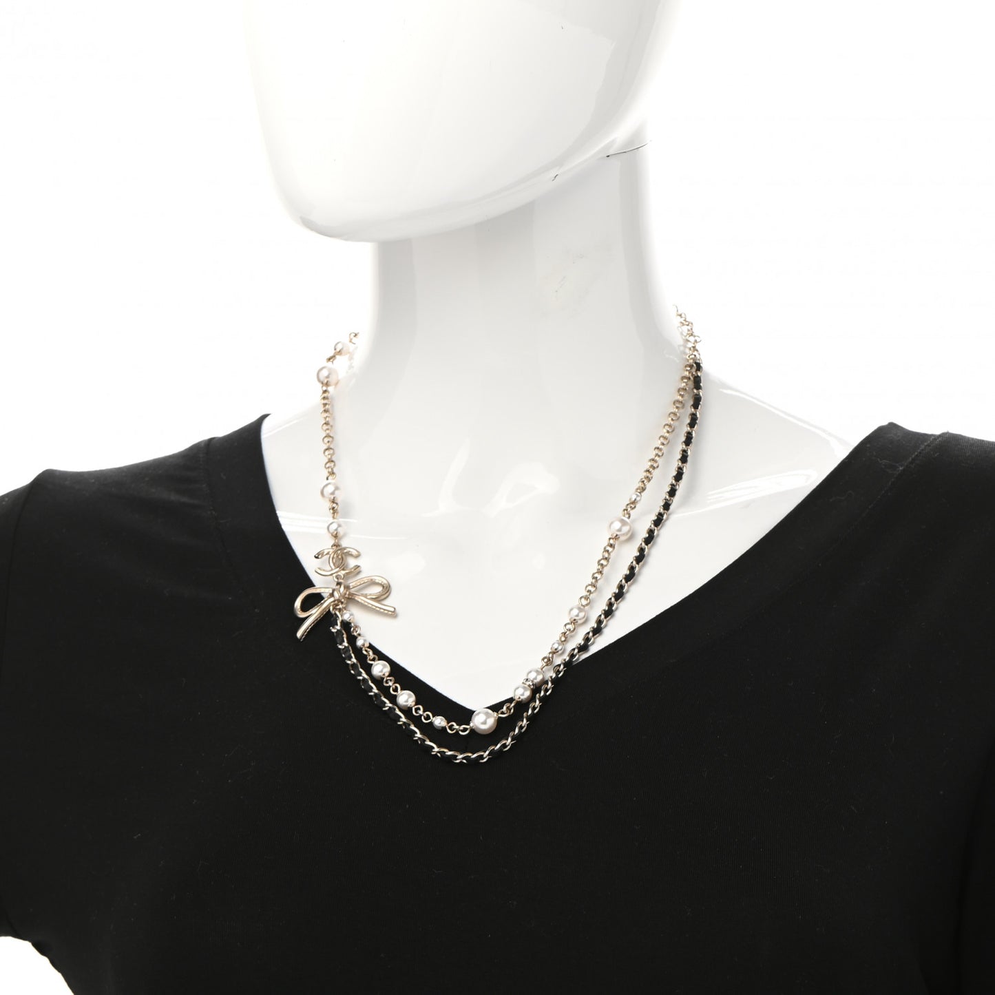 Calfskin Pearl Metal CC Bow Necklace Gold White Black