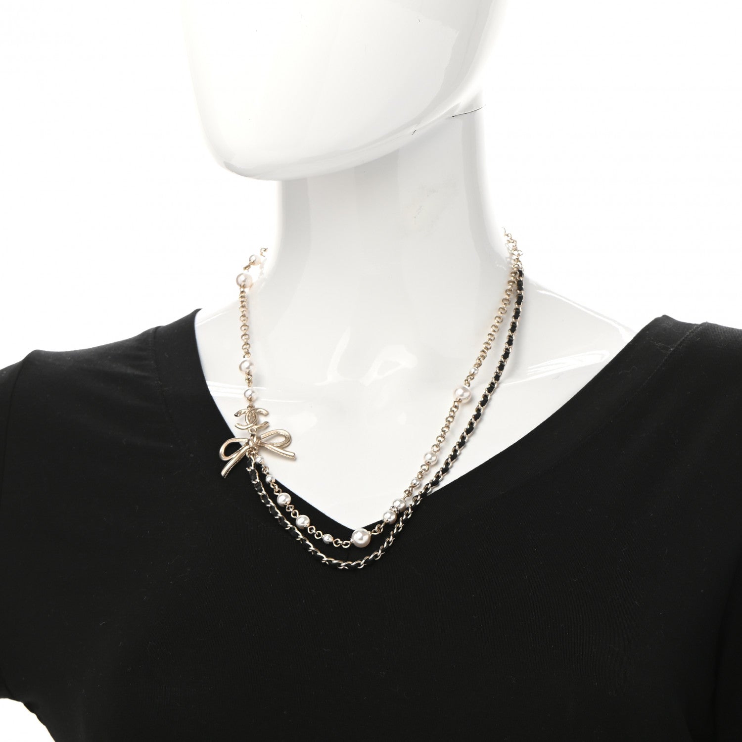Chanel Calfskin Pearl Metal CC Bow Necklace Gold White Black 2 of 6