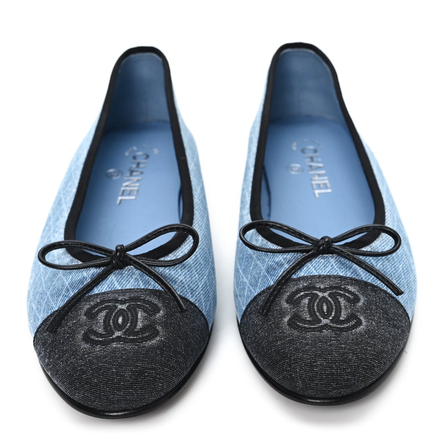 Denim Printed Quilt CC Cap Toe Ballerina Flats 38.5 Light Blue Dark Grey