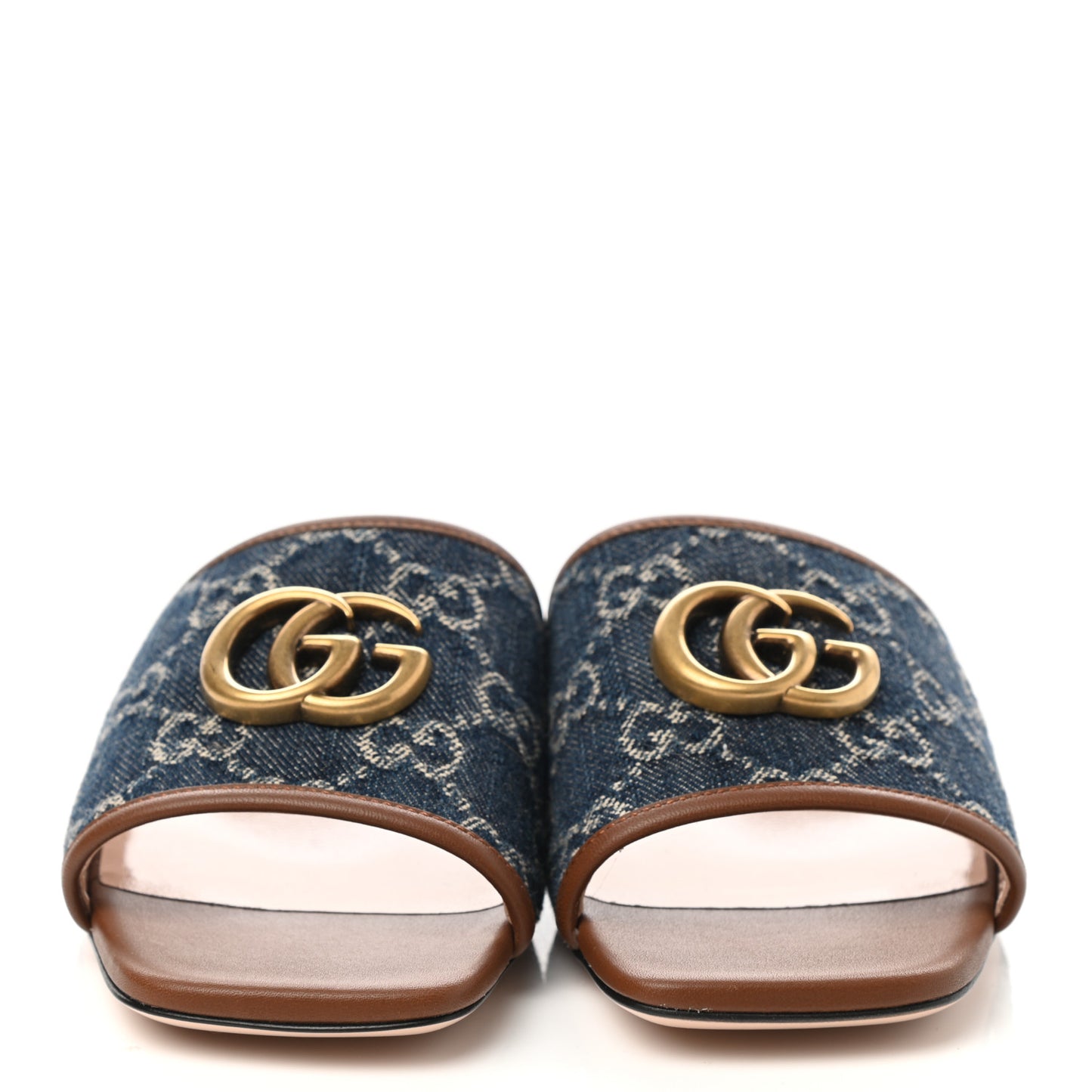 New Denim GG Monogram Miro Soft Calfskin Jolie Slide Sandals 35 Blue Tea Cuir Epilog