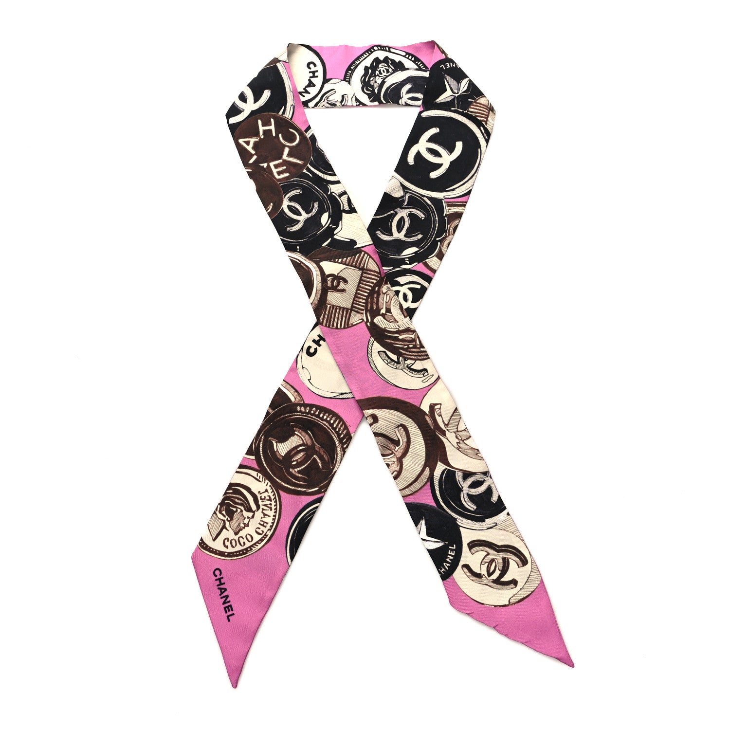 Chanel Silk CC Slim Bandeau Scarf Pink Black 1 of 3