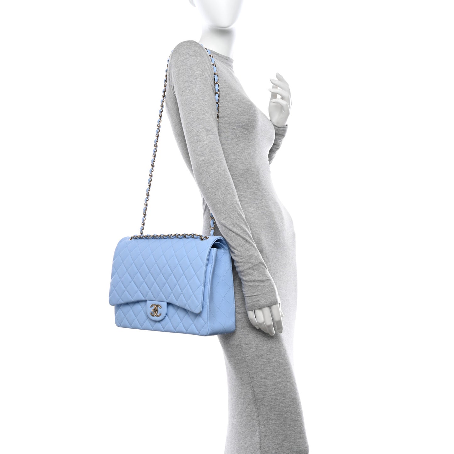 Caviar Quilted Maxi Double Flap Light Blue