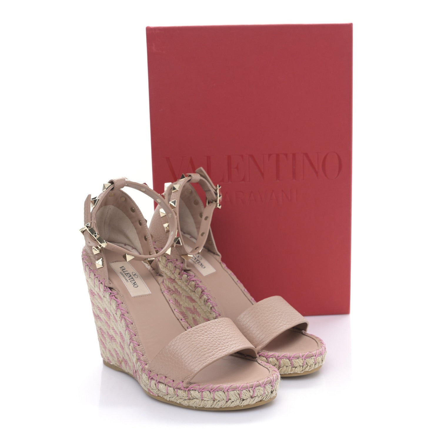 Valentino Garavani Grained Calfskin Rockstud Ankle Strap Espadrille 15/105mm Wedge Sandals 35 Rose Cannelle Natural 10 of 10