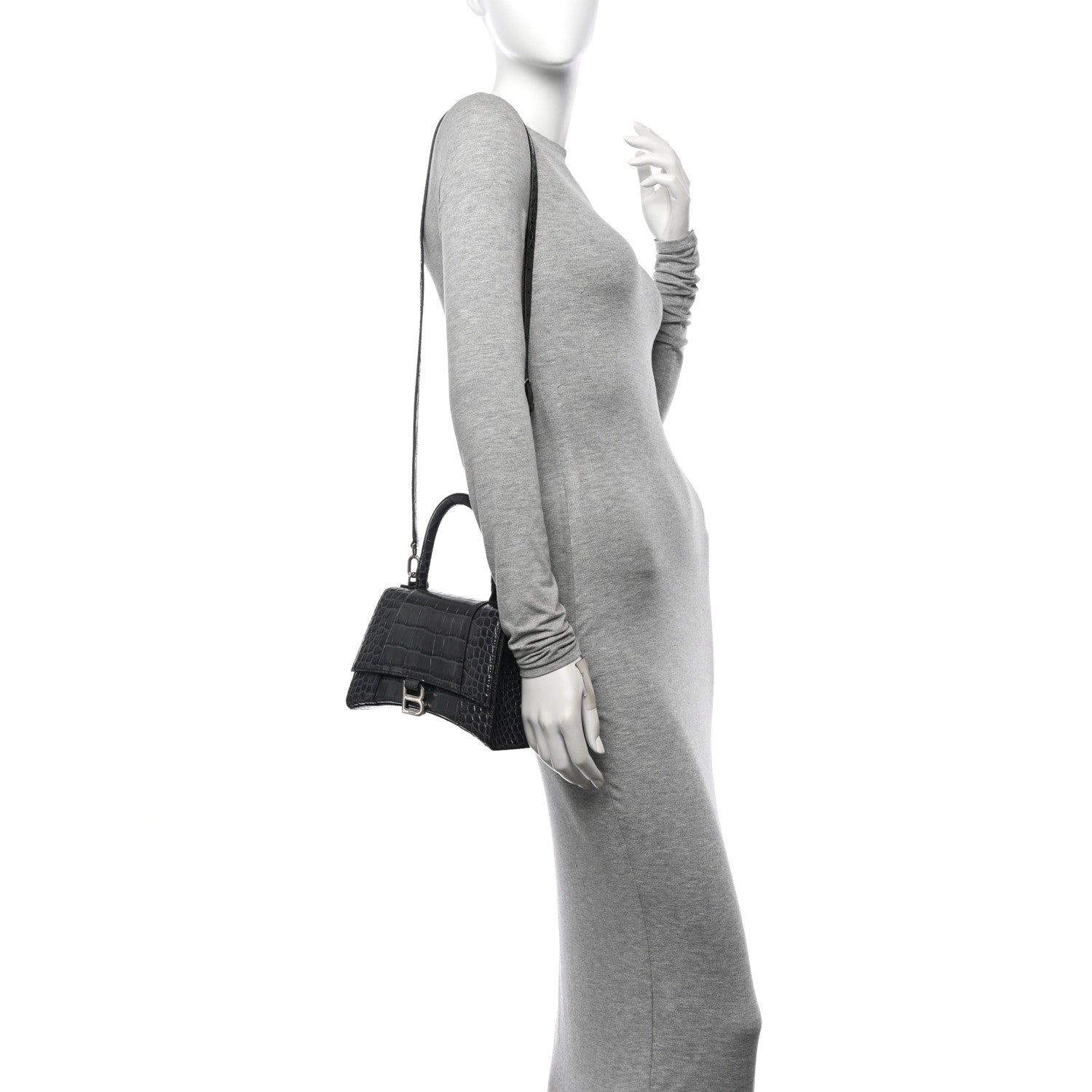 Balenciaga Shiny Calfskin Crocodile Embossed Small Hourglass Top Handle Bag Dark Grey 2 of 14