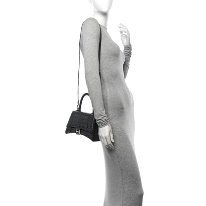 Balenciaga Shiny Calfskin Crocodile Embossed Small Hourglass Top Handle Bag Dark Grey 2 of 14