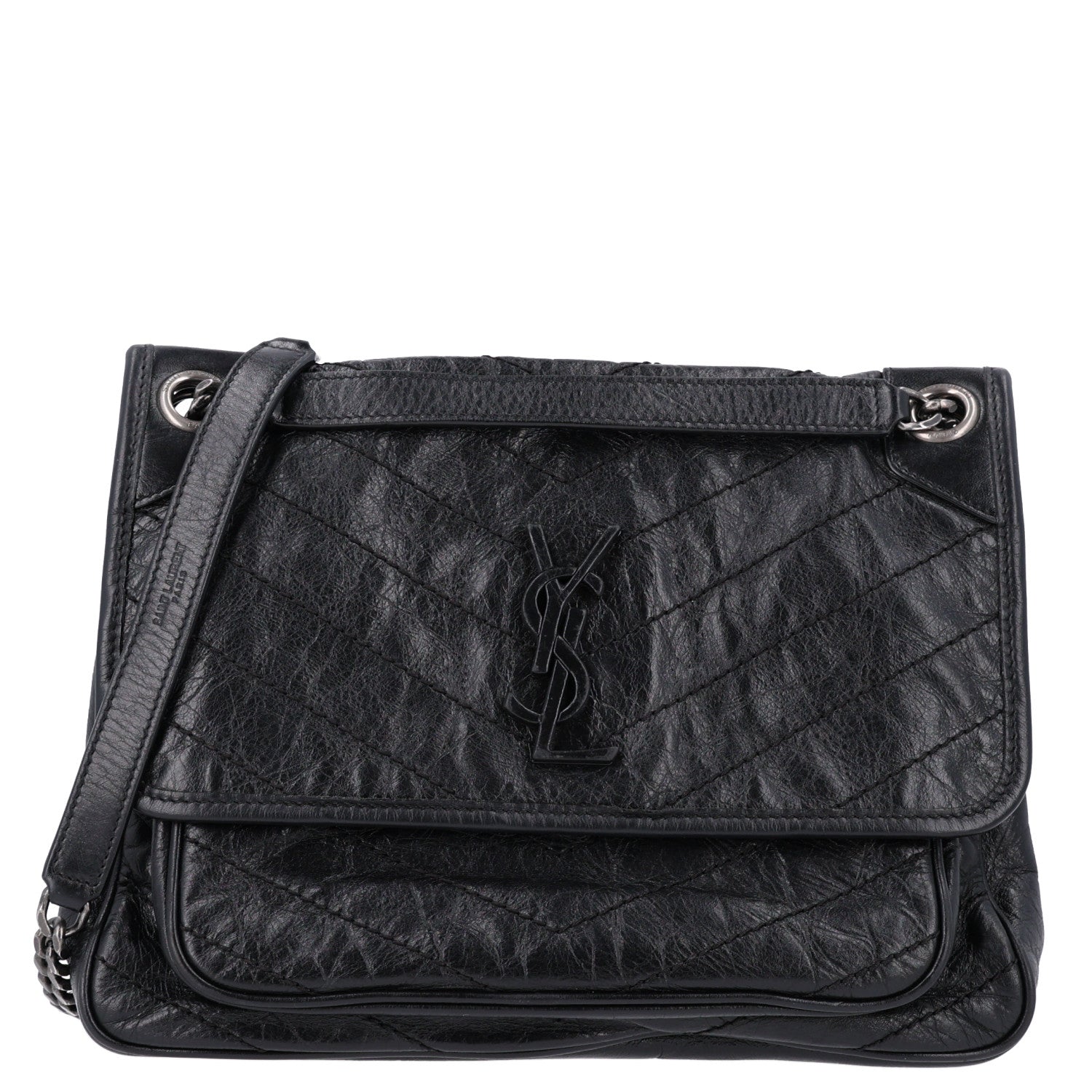 Saint Laurent Crinkled Calfskin Matelasse Monogram Medium Niki Chain Satchel Storm 1 of 9