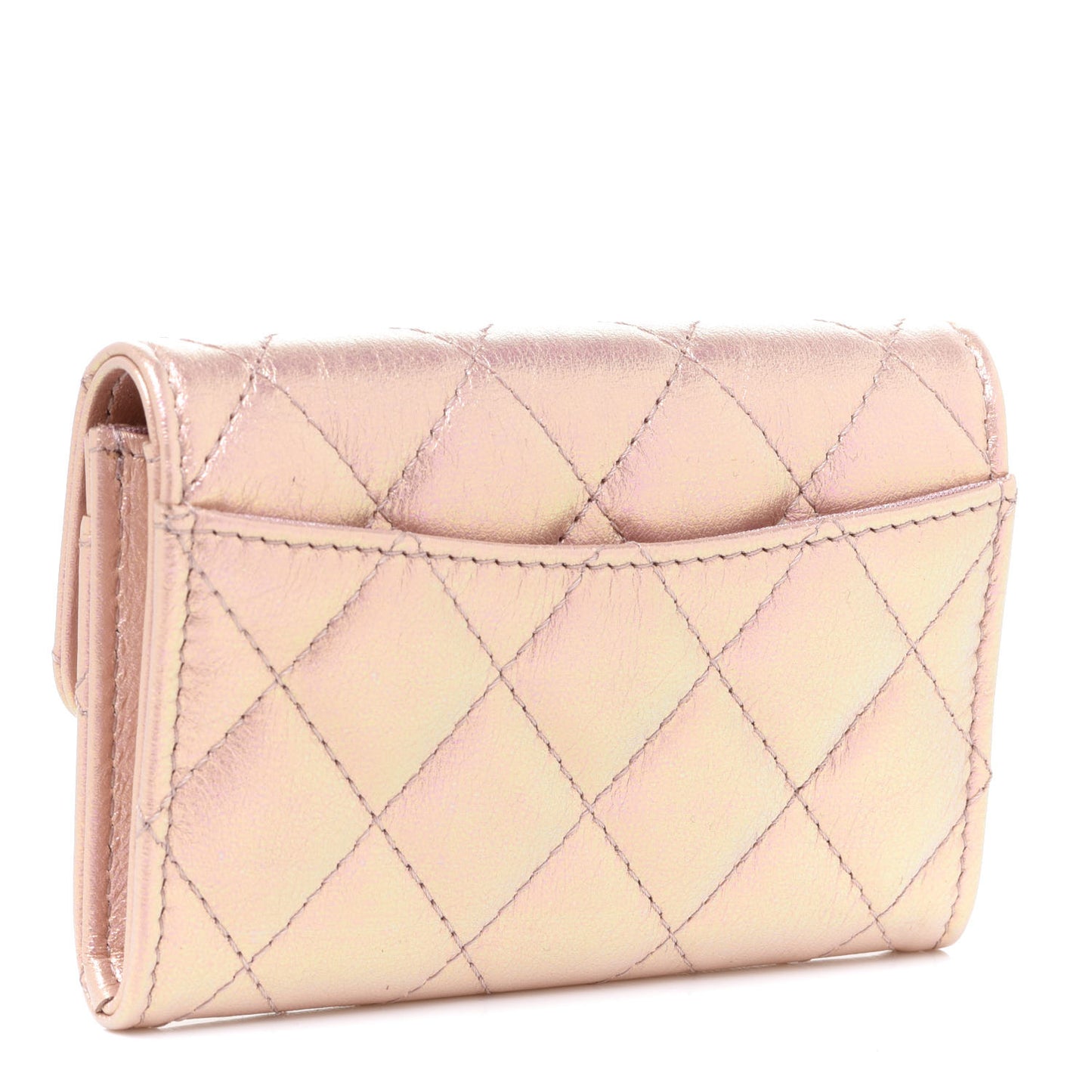 Iridescent Calfskin Quilted Flap Card Holder Wallet Pink