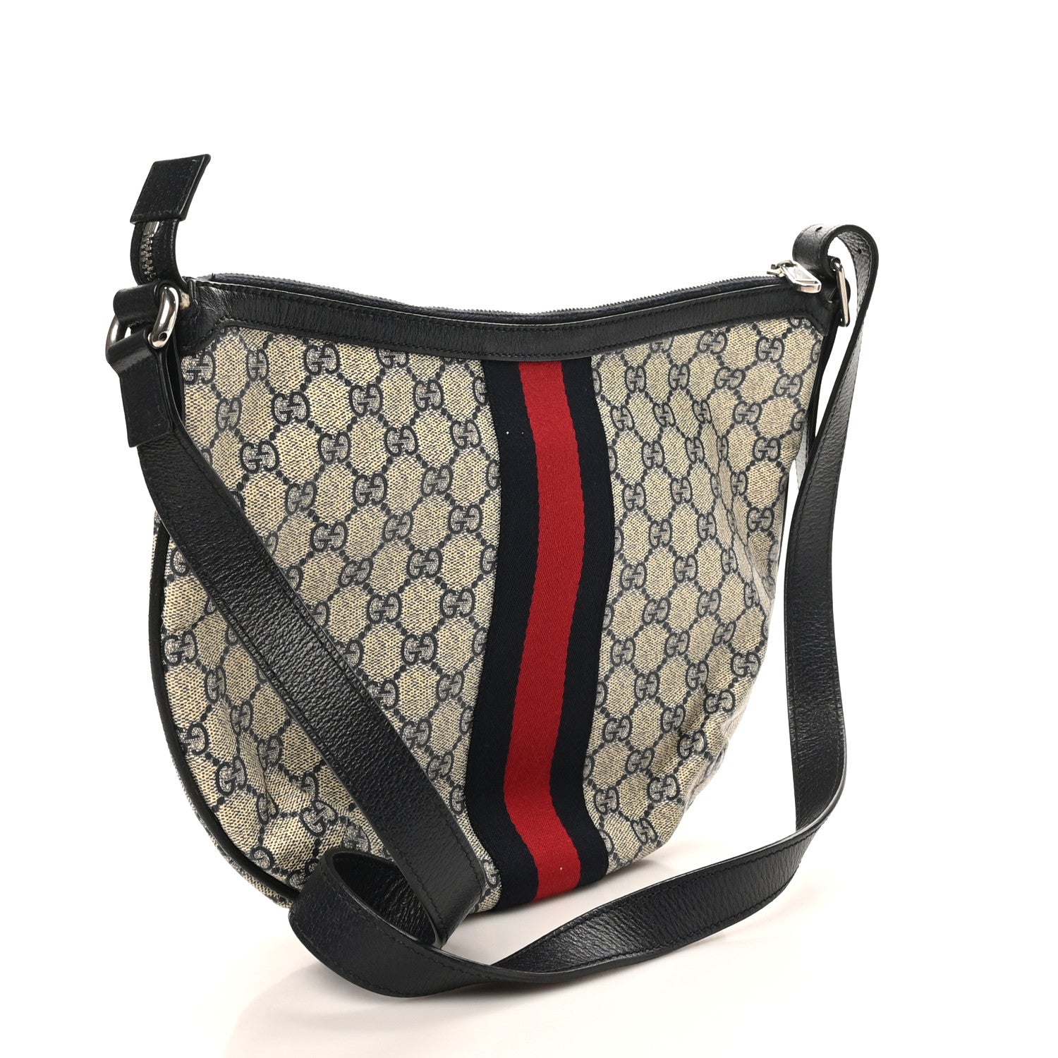 Gucci GG Supreme Monogram Textured Dollar Calfskin Web Small Ophidia Half Moon Hobo Beige Blue 3 of 10