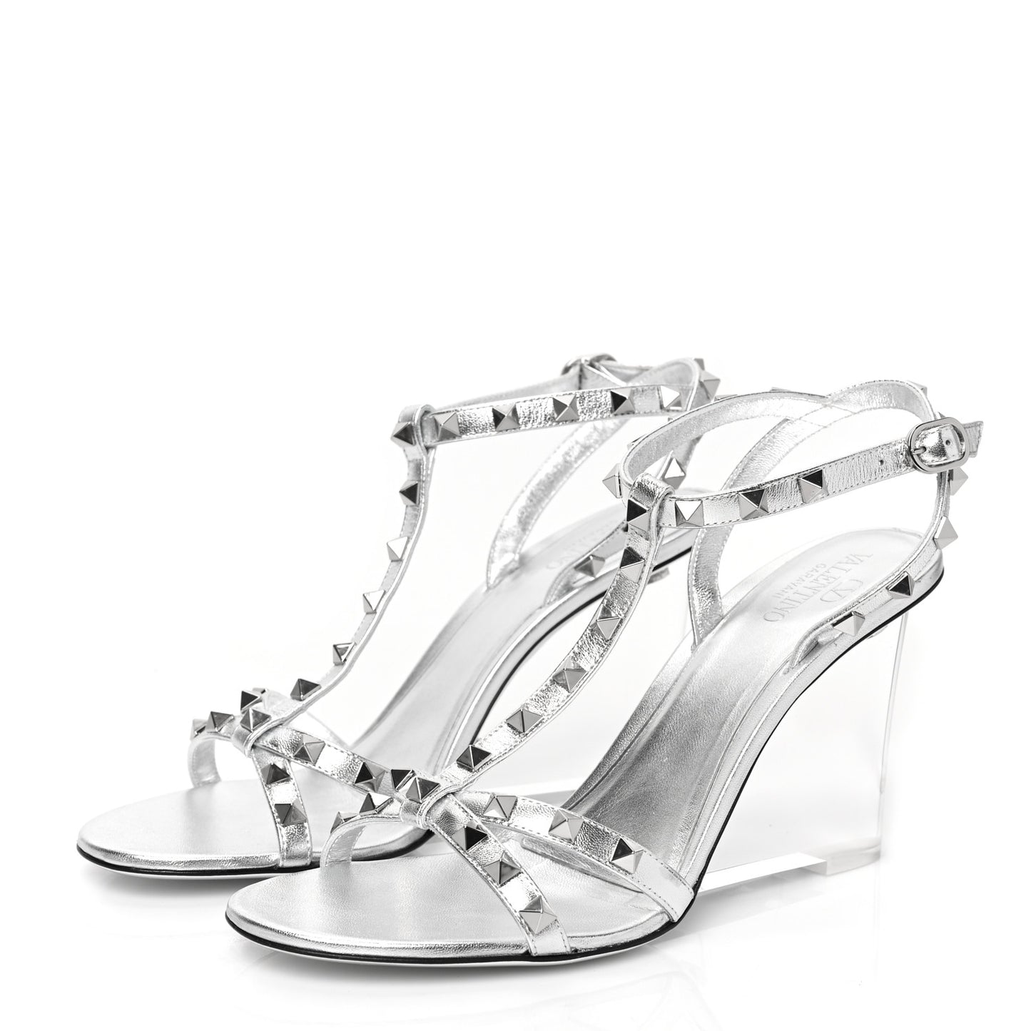 Metallic Lambskin Plexiglass Rockstud 90mm Wedge Sandals 40 Silver Transparent