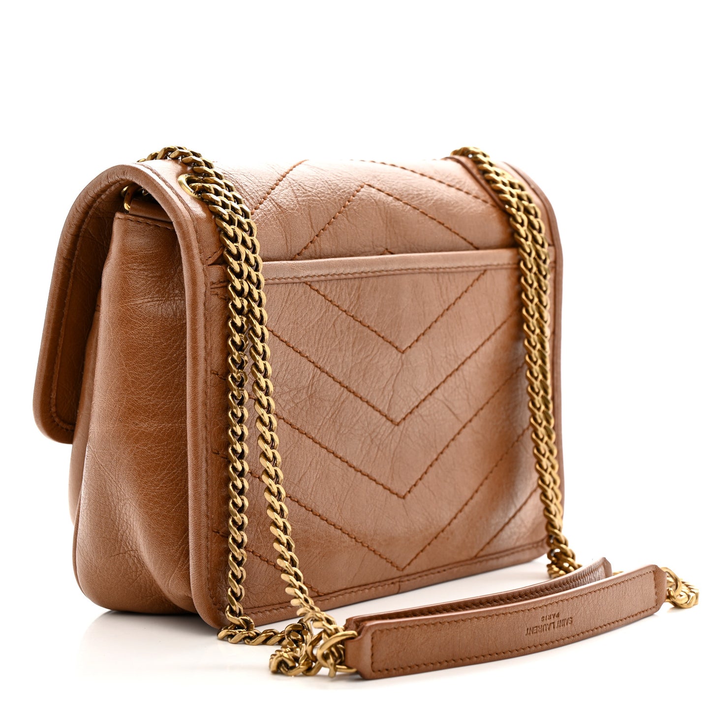 Crinkled Calfskin Matelasse Monogram Baby Niki Chain Satchel Light Caramel