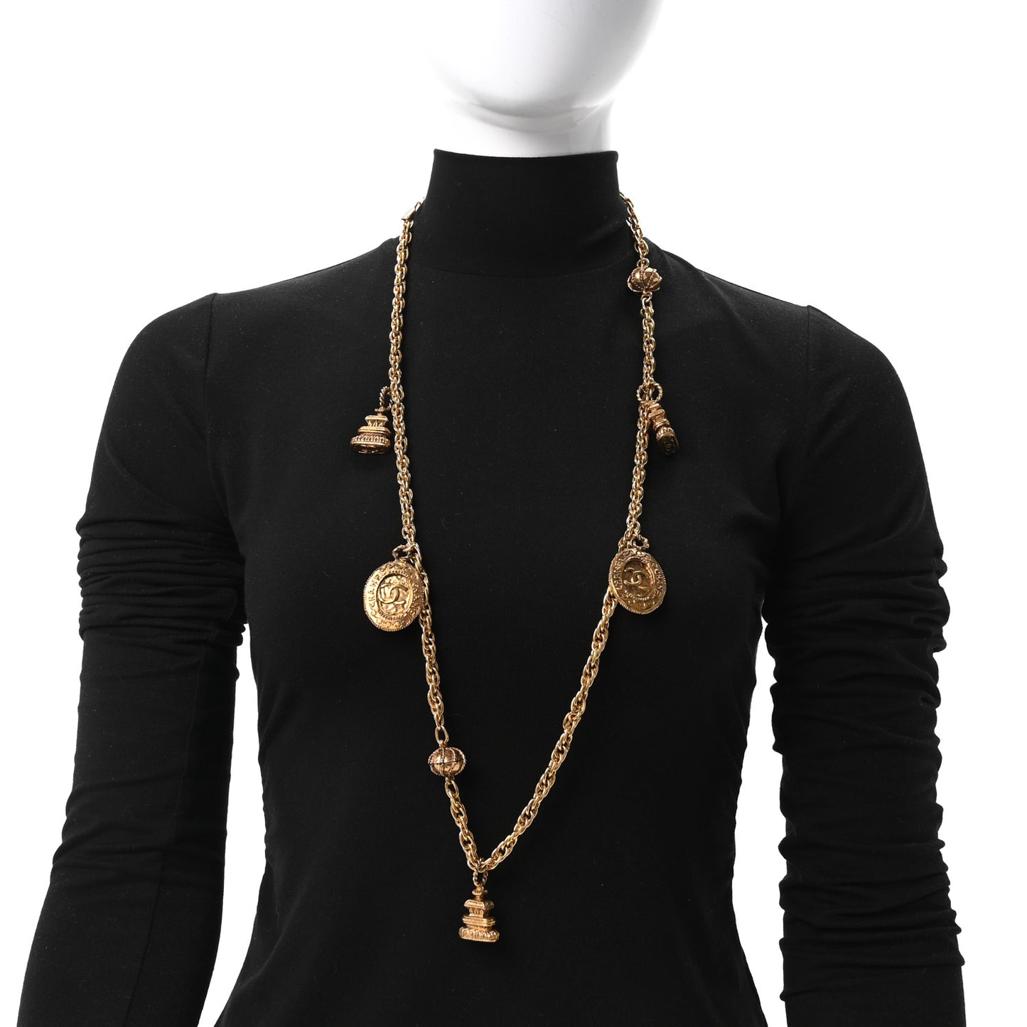 Metal CC Medallion Charm Long Necklace Gold