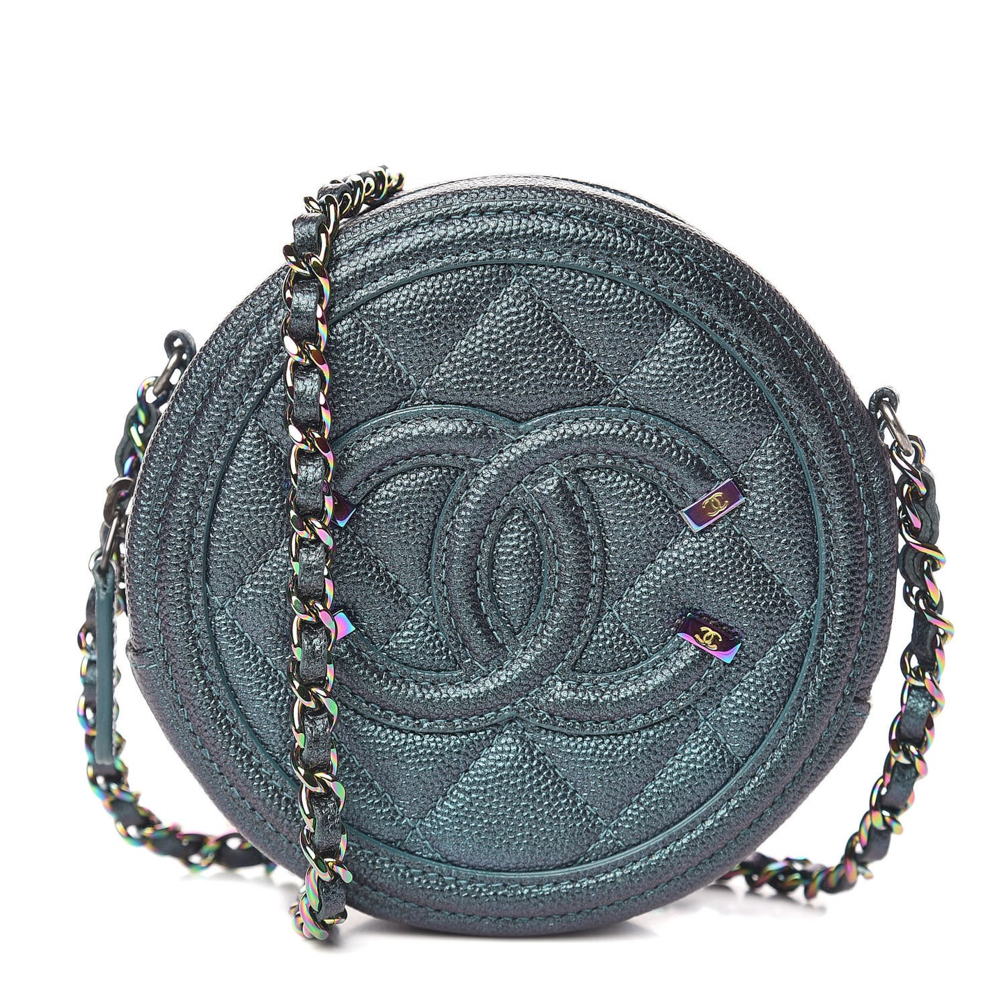 Iridescent Caviar Quilted Round Filigree Crossbody Dark Turquoise
