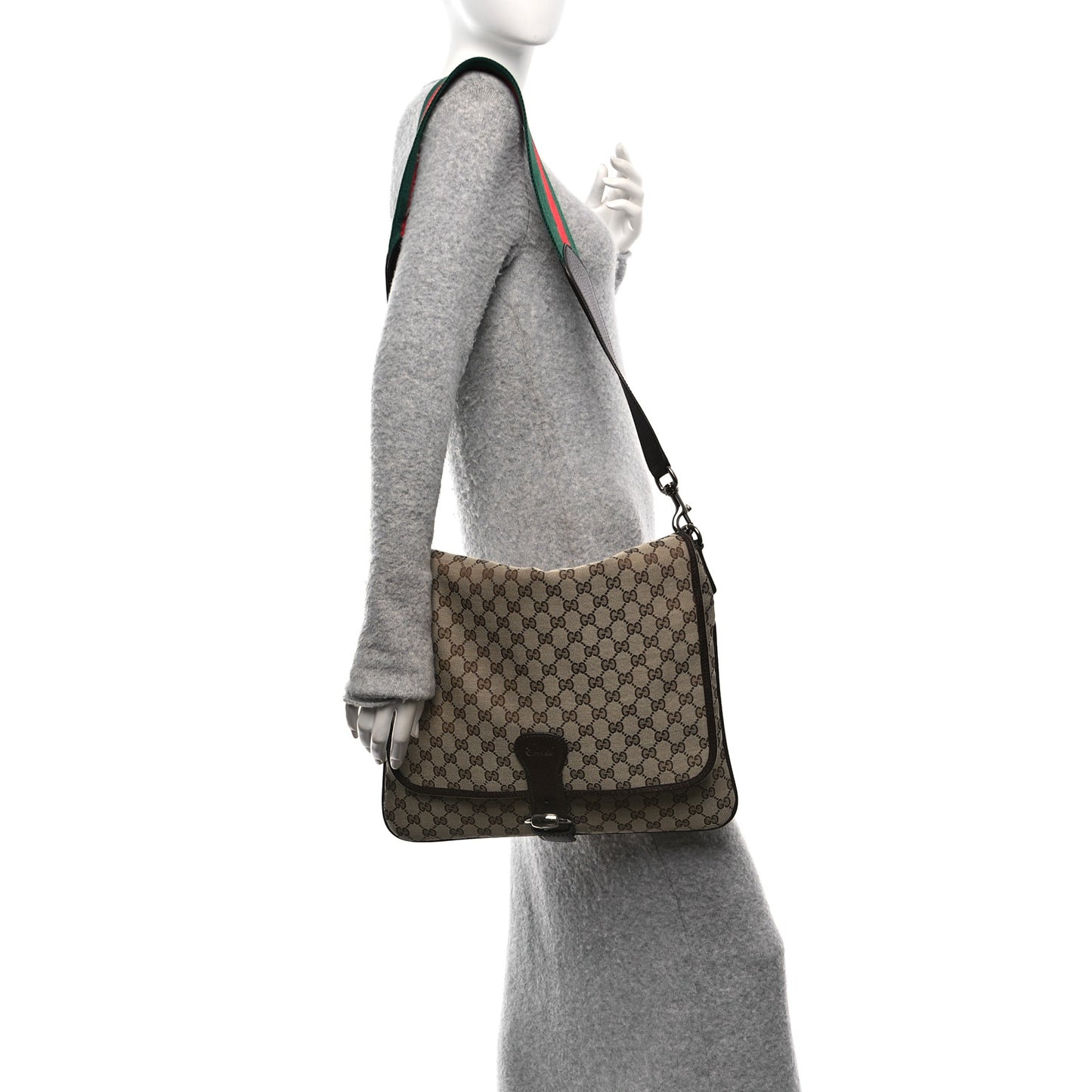 Monogram Web Single Buckle Flap Messenger Bag Beige Dark Brown