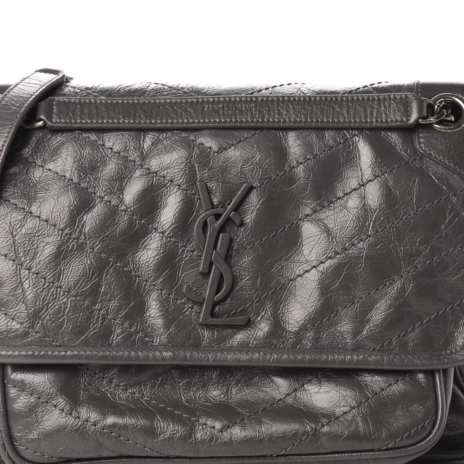 Saint Laurent Crinkled Calfskin Matelasse Monogram Medium Niki Chain Satchel Storm 8 of 14