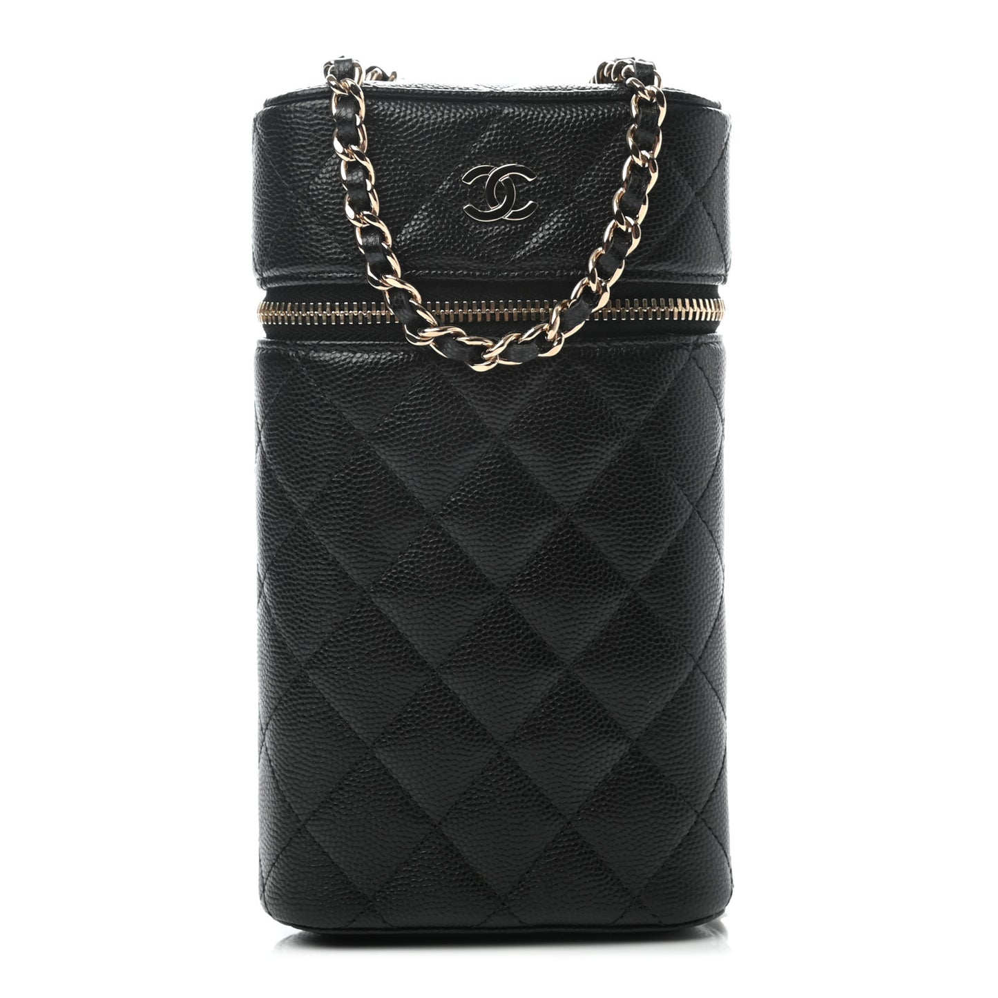 Caviar Quilted Phone Holder With Chain Black